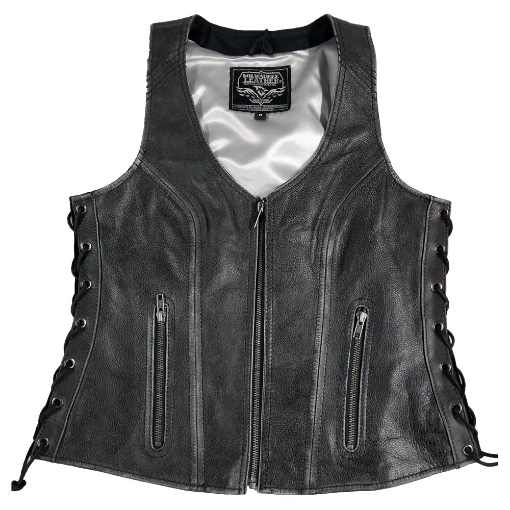 Milwaukee Leather Women's Side Lace Vest Distressed - Gray - Eagle leather