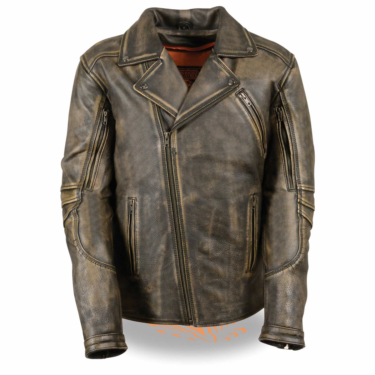 Men's Updated MC Jacket Distressed: Features:

Triple Stitch Distressed Brown Beltless Biker Jacket
1