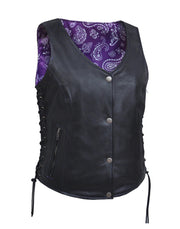 Ladies Vest W/Purple Paisley: Features:

Ladies Premium Leather Vest With Purple Paisley
With Purple Paisley Liner
In Goat Sk