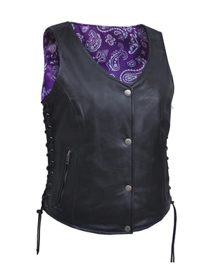 Ladies Vest W/Purple Paisley: Features:

Ladies Premium Leather Vest With Purple Paisley
With Purple Paisley Liner
In Goat Sk