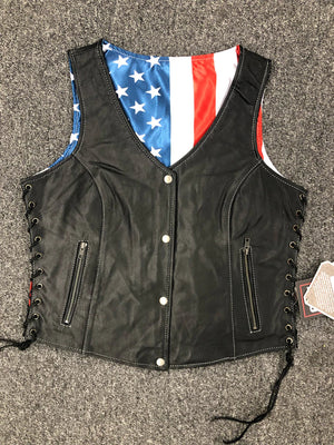 Ladies Vest W/USA Flag Lining: Features:

Ladies Premium Leather Vest With USA Flag Liner
With USA Flag Liner
In Goat Skin
2 