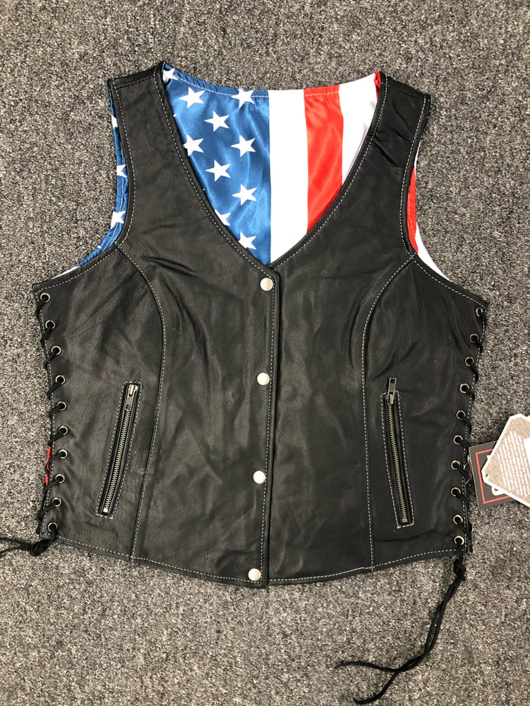 Ladies Vest W/USA Flag Lining: Features:

Ladies Premium Leather Vest With USA Flag Liner
With USA Flag Liner
In Goat Skin
2 