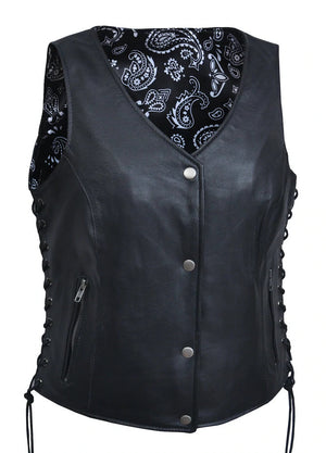Ladies Vest W/Black Paisley: Features:

Ladies Premium Leather Vest With Black Paisley
With Black Paisley Liner
In Goat Skin
