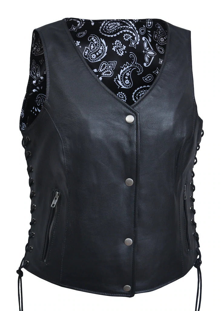 Ladies Vest W/Black Paisley: Features:

Ladies Premium Leather Vest With Black Paisley
With Black Paisley Liner
In Goat Skin
