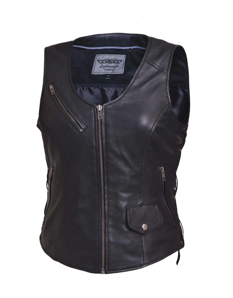 Ladies CC Lambskin Vest: Features:

Ladies PREMIUM Zippered vest in soft
lightweight leather
4 exterior &amp; 2 interior pock