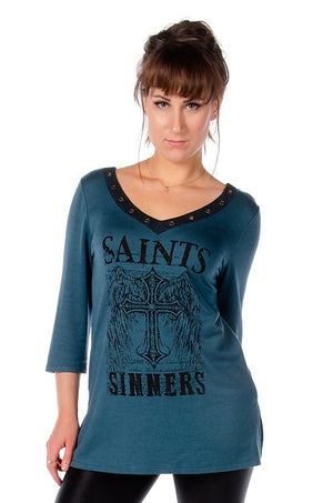 Saint and Sinners Shirt: Features:

65% Rayon, 30 Polyester, 5% Spandex
Machine wash cold inside out
