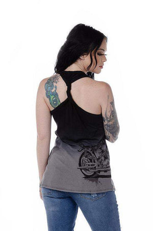 Ladies Turning Chrome Tank Top: Features:

An edgy, dip dyed, bike tank with a sexy twist, racer back
LENGTH - 26 1/2 inches 