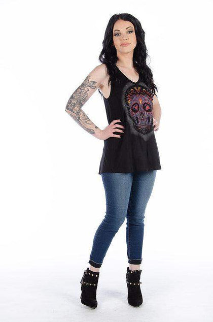 Calavera Lace Black: Features:

Embellished sugar skull tank with crisscross lace back
LENGTH - 26 1/2 inches (small)