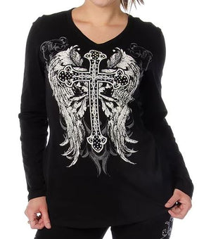 Black Souls: Features:

A bold &amp; blinged out Celtic cross design on our basic long sleeve V-neck
Black Souls
