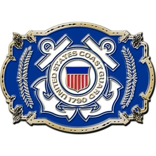 Eagle Emblems Men's 3-1/2" USCG Logo Buckle - Blue & White - Eagle Leather