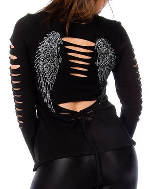 Dark Angel Long Sleeve: Description
Dark Angel Long Sleeve silver stone,Celtic cross and wings graphic