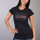 Ladies Ride Forever Free Shirt: Description
Flag Bling Full Cut Short Sleeve Ladies Black T-Shirt