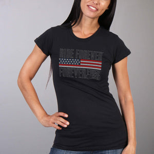 Ladies Ride Forever Free Shirt: Description
Flag Bling Full Cut Short Sleeve Ladies Black T-Shirt