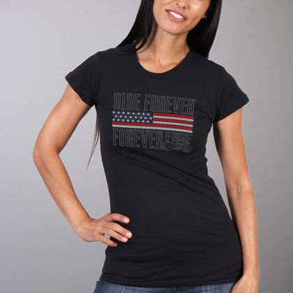 Ladies Ride Forever Free Shirt: Description
Flag Bling Full Cut Short Sleeve Ladies Black T-Shirt