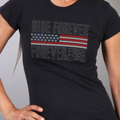 Ladies Ride Forever Free Shirt: Description
Flag Bling Full Cut Short Sleeve Ladies Black T-Shirt