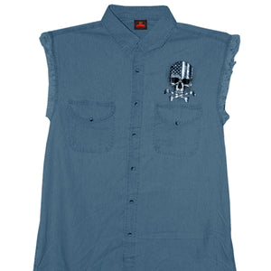 Men's Sleeveless Denim Shirt Skull Flag: Features:-• Sleeveless Denim Style shirt• Screen printed on Front Left Chest &amp; B