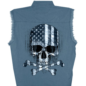 Men's Sleeveless Denim Shirt Skull Flag: Features:-• Sleeveless Denim Style shirt• Screen printed on Front Left Chest &amp; B