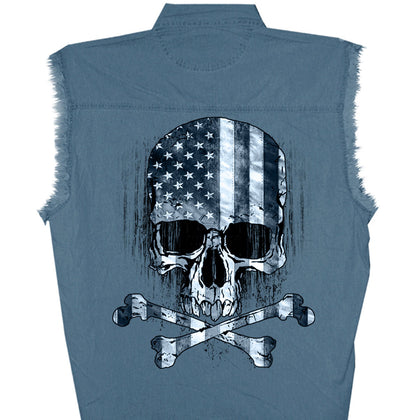 Men's Sleeveless Denim Shirt Skull Flag: Features:-• Sleeveless Denim Style shirt• Screen printed on Front Left Chest &amp; B
