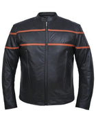 Men's Double Orange Stripe Goatskin Jacket: Black Reflective piping across chest & Back for being better visibility at ni