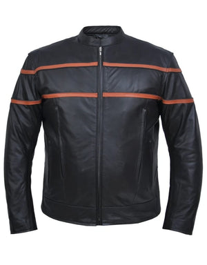 Men's Double Orange Stripe Goatskin Jacket: Black Reflective piping across chest &amp; Back for being better visibility at ni