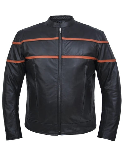 Men's Double Orange Stripe Goatskin Jacket: Black Reflective piping across chest &amp; Back for being better visibility at ni