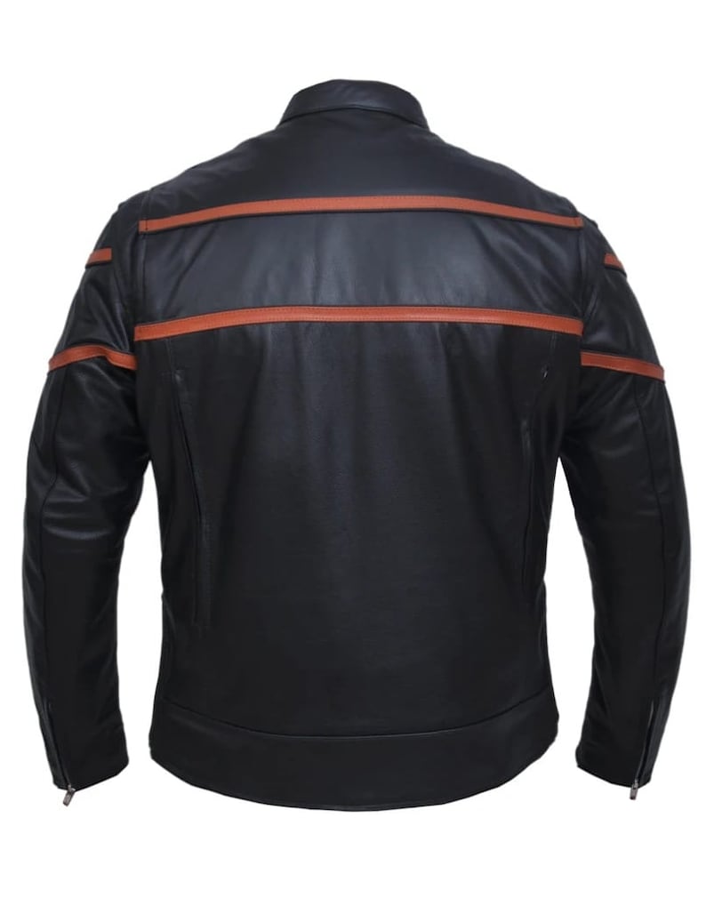 Men's Double Orange Stripe Goatskin Jacket: Black Reflective piping across chest &amp; Back for being better visibility at ni
