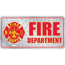 Eagle Emblems 6" x 12" Lic-Fire Department Logo License Plate (Diamond Plate) - Red - Eagle Leather