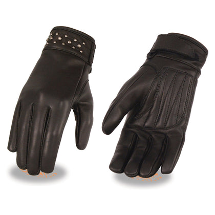 Ladies Studded Cuff Glove: Made of Premium Cowhide Jumble LeatherRivet Detailing Outlining WristLight Liner with Gel PalmAdju
