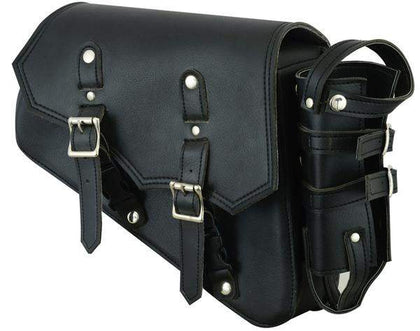 Solo Bag With Drink Holder Right: RIGHT SIDE SYNTHETIC LEATHER SWING ARM BAG W/BOTTLE HOLDERLeft Side Synthetic Leather Swing